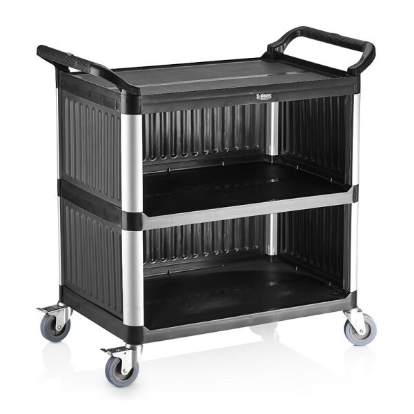 Biradlı Plastik Servis Arabası, Etrafı Kapalı, 520x960x1070 mm, Siyah