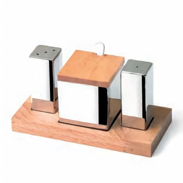 Biradlı Tuzluk Baharatlık Takımı, Ahşap Standlı, Kare, 3'lü