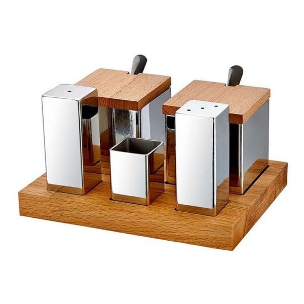 Biradlı Tuzluk Baharatlık Takımı, Ahşap Standlı, 5'li, Kare
