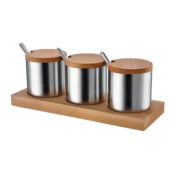 Biradlı Baharatlık Takımı, Ahşap Standlı, 3'lü