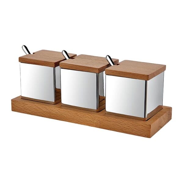 Biradlı Baharatlık Takımı, Ahşap Standlı, 3'lü, Kare