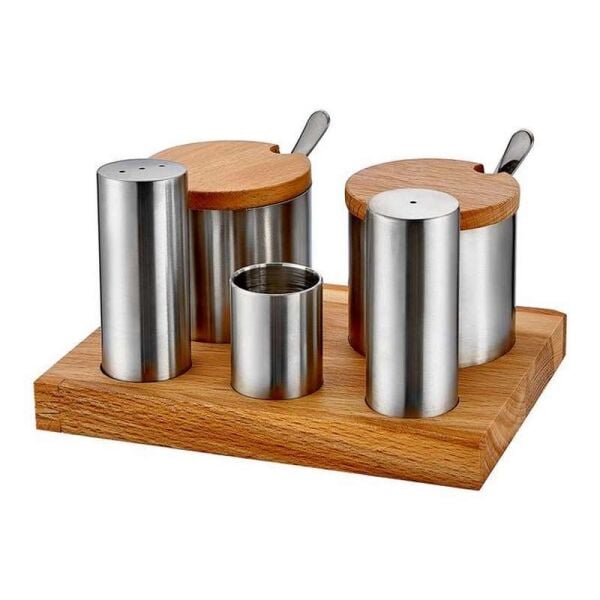 Biradlı Tuzluk Baharatlık Takımı, Ahşap Standlı, 5'li
